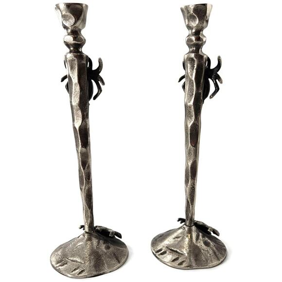 Gothic Halloween Spider Candle Holder Pair Black Metal Spooky Taper Candle Decor - Picture 4 of 12